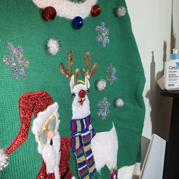 Womens XL Ugly Christmas Sweater Llama Reindeer Santa Green Sequins Jingle Bells - Picture 3 of 7